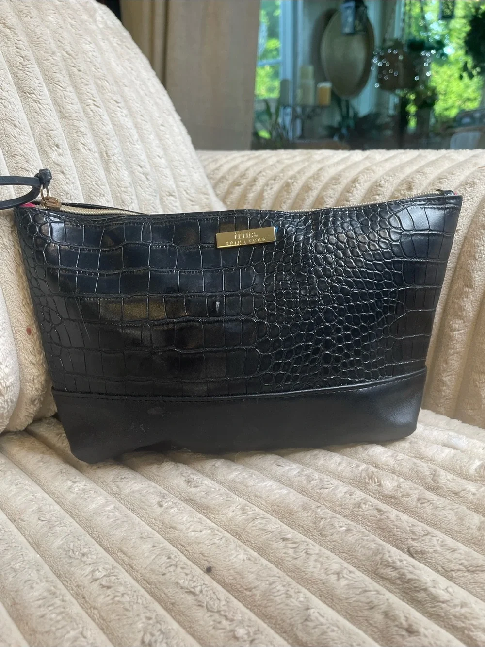 Trina Turk Black Crocodile Embossed Cosmetic Makeup Bag Travel Toiletry Pouch